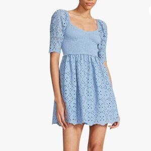 Betsey Johnson Blue Cotton Eyelet Puff Sleeve Smocked Mini Dress sz small